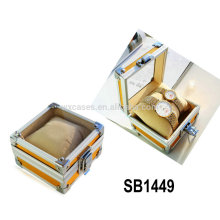 aluminum watch boxes for single watch with a glass top and a pillow inside